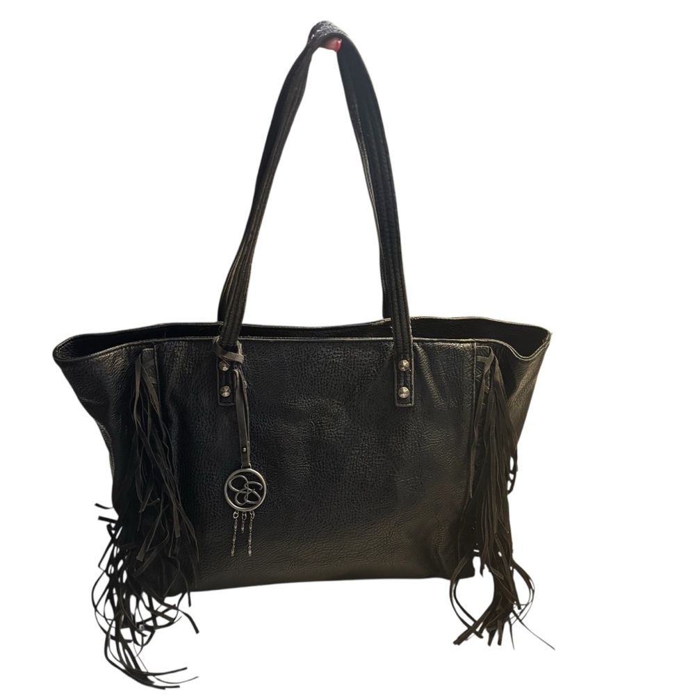 Jessica Simpson Y2K Tote Black with Fringe Faux Pebbled Leather Moto Bikercore
